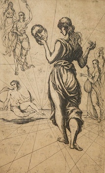 Marcel Chirnooga (Romanian), Muses, signed in pencil, indistinctly dated and inscribed, etching, 40 x 25cm